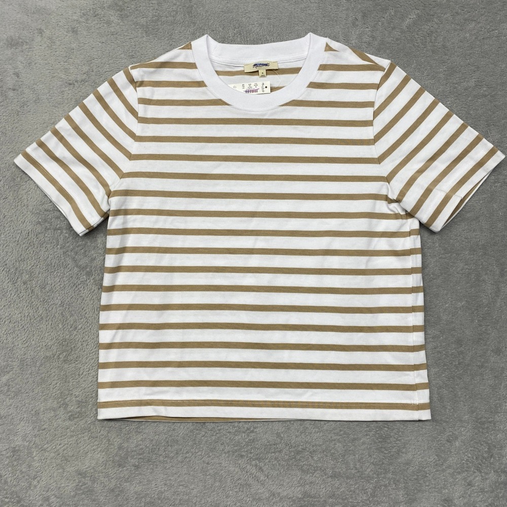 Madewell Tee Womens Medium Tan White Striped Heavyweight Cotton Jersey NZ396 - Picture 3 of 9